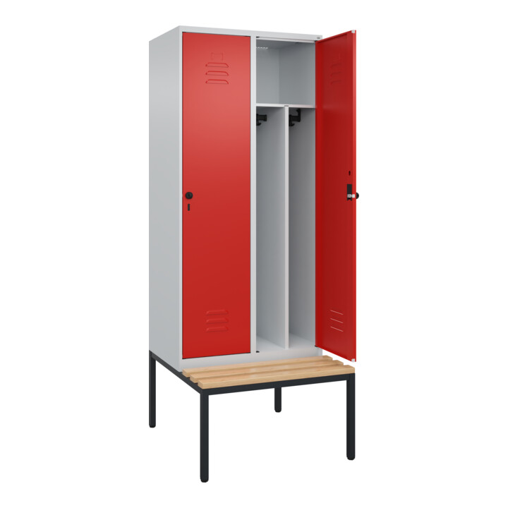 C+P Spind Classic PLUS, Bank, 2 Abteile, 2120x800x815mm, 7035/3020 Verschluss Sicherheits-Drehriegel 4 Garderobenhaken Trennwand mittig  Sitzbanktyp untergebaut