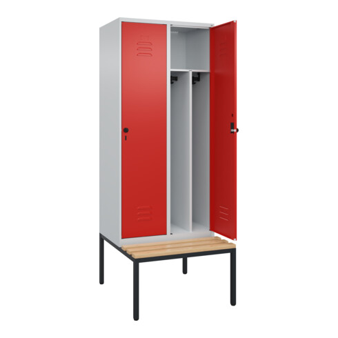 C+P Spind Classic PLUS, Bank, 2 Abteile, 2120x800x815mm, 7035/3020 Verschluss Sicherheits-Drehriegel 4 Garderobenhaken Trennwand mittig  Sitzbanktyp untergebaut