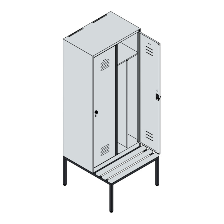 C+P Spind Classic PLUS, Bank, 2 Abteile, 2120x800x815mm, 7035/3020 Verschluss Sicherheits-Drehriegel 4 Garderobenhaken Trennwand mittig  Sitzbanktyp untergebaut