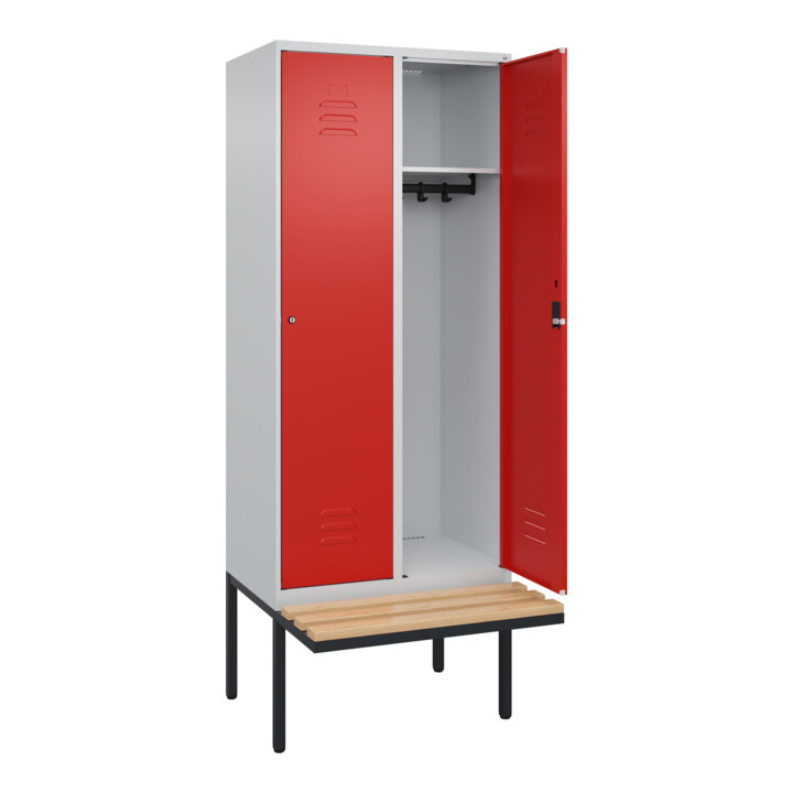 C+P Spind Classic PLUS, Bank, 2 Abteile, 2120x800x815mm, 7035/3020 Verschluss Zylinderschloss 4 Garderobenhaken   Sitzbanktyp auskragend