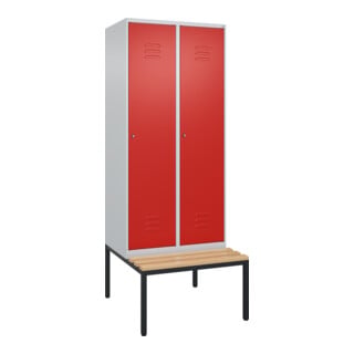 C+P Spind Classic PLUS, Bank, 2 Abteile, 2120x800x815mm, 7035/3020 Verschluss Zylinderschloss 4 Garderobenhaken   Sitzbanktyp untergebaut