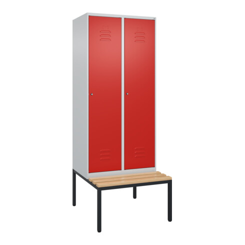 C+P Spind Classic PLUS, Bank, 2 Abteile, 2120x800x815mm, 7035/3020 Verschluss Zylinderschloss 4 Garderobenhaken   Sitzbanktyp untergebaut