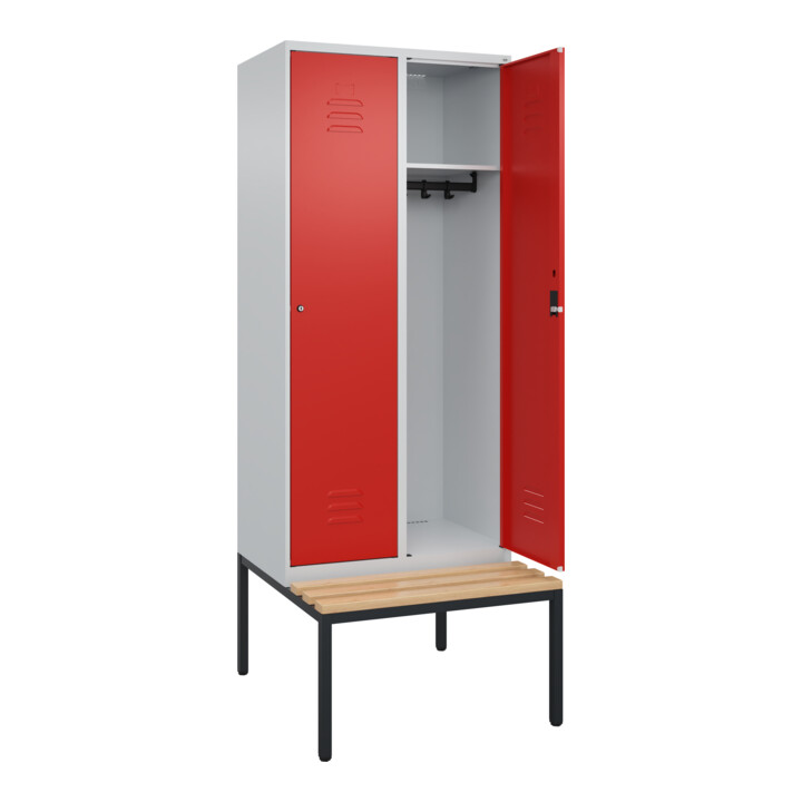 C+P Spind Classic PLUS, Bank, 2 Abteile, 2120x800x815mm, 7035/3020 Verschluss Zylinderschloss 4 Garderobenhaken   Sitzbanktyp untergebaut