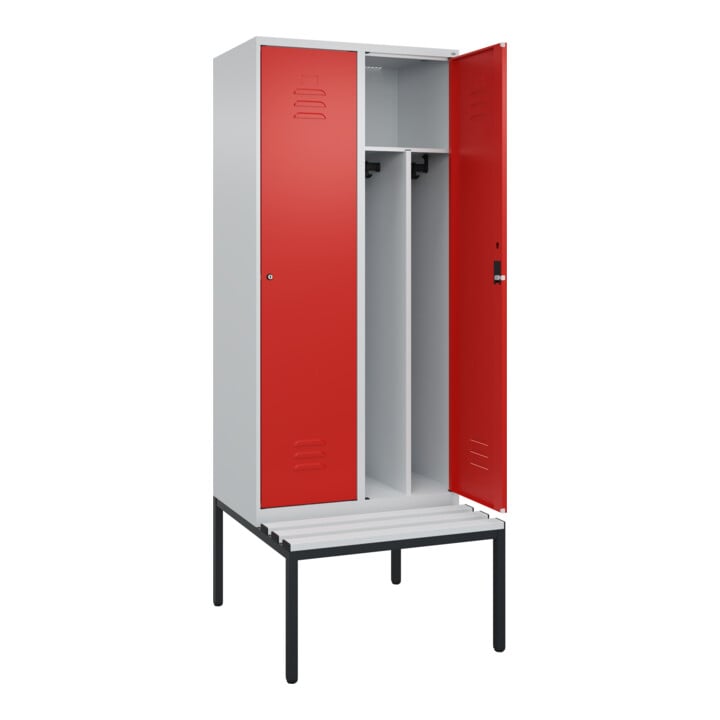 C+P Spind Classic PLUS, Bank, 2 Abteile, 2120x800x815mm, 7035/3020 Verschluss Zylinderschloss 4 Garderobenhaken Trennwand mittig Dekor Banklatten RAL 7035 Lichtgrau Sitzbanktyp untergebaut
