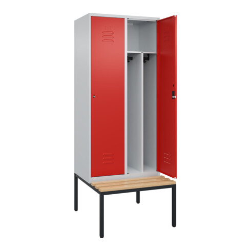 C+P Spind Classic PLUS, Bank, 2 Abteile, 2120x800x815mm, 7035/3020 Verschluss Zylinderschloss 4 Garderobenhaken Trennwand mittig  Sitzbanktyp untergebaut