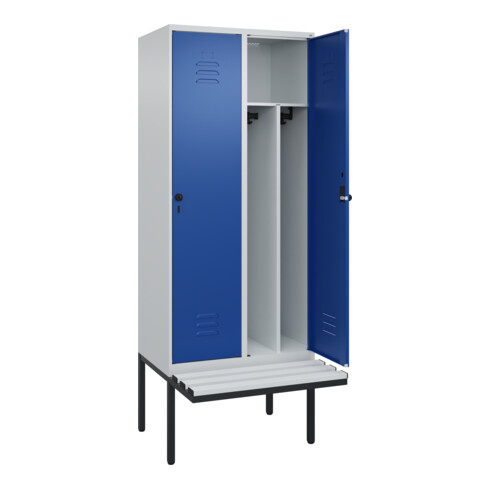 C+P Spind Classic PLUS, Bank, 2 Abteile, 2120x800x815mm, 7035/5010 Verschluss Sicherheits-Drehriegel 4 Garderobenhaken Trennwand mittig Dekor Banklatten RAL 7035 Lichtgrau Sitzbanktyp auskragend