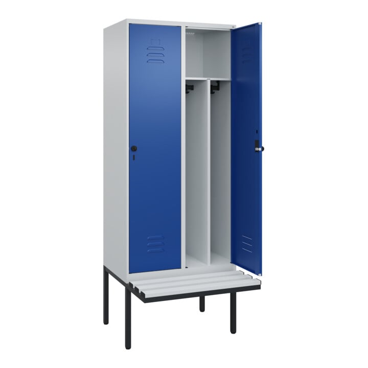C+P Spind Classic PLUS, Bank, 2 Abteile, 2120x800x815mm, 7035/5010 Verschluss Sicherheits-Drehriegel 4 Garderobenhaken Trennwand mittig Dekor Banklatten RAL 7035 Lichtgrau Sitzbanktyp auskragend