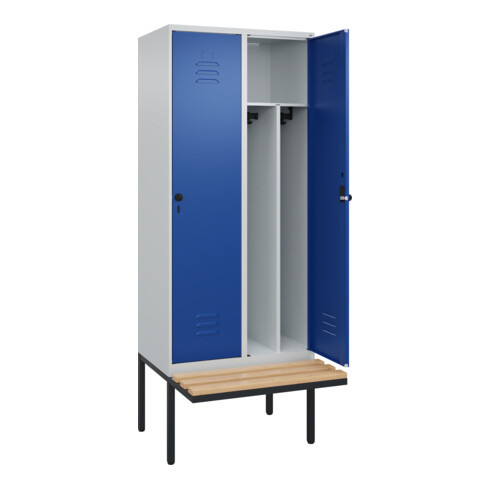 C+P Spind Classic PLUS, Bank, 2 Abteile, 2120x800x815mm, 7035/5010 Verschluss Sicherheits-Drehriegel 4 Garderobenhaken Trennwand mittig  Sitzbanktyp auskragend