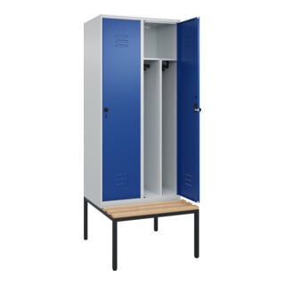 C+P Spind Classic PLUS, Bank, 2 Abteile, 2120x800x815mm, 7035/5010 Verschluss Sicherheits-Drehriegel 4 Garderobenhaken Trennwand mittig  Sitzbanktyp untergebaut