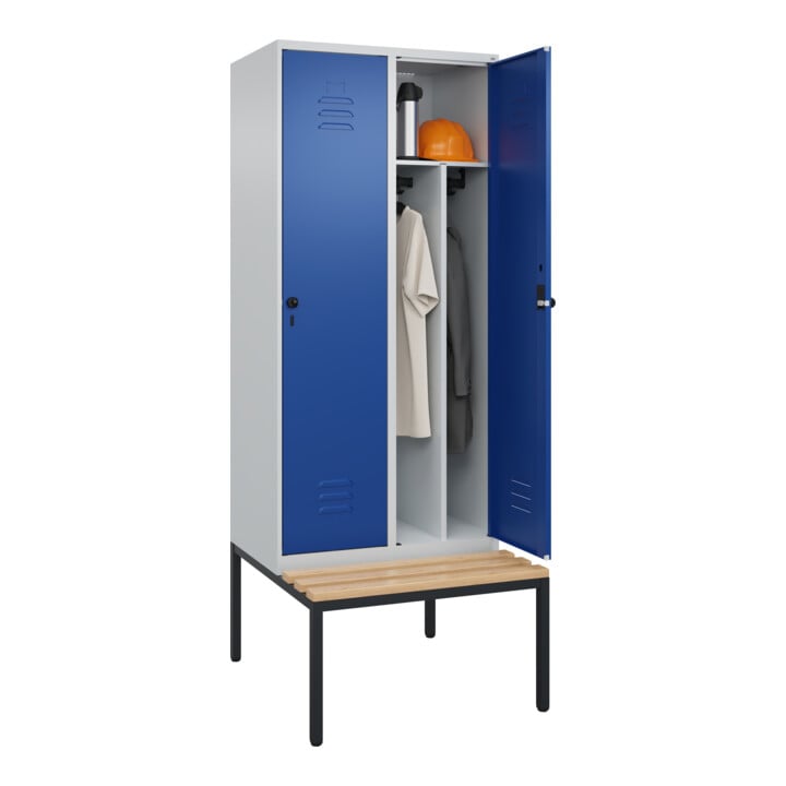 C+P Spind Classic PLUS, Bank, 2 Abteile, 2120x800x815mm, 7035/5010 Verschluss Sicherheits-Drehriegel 4 Garderobenhaken Trennwand mittig  Sitzbanktyp untergebaut