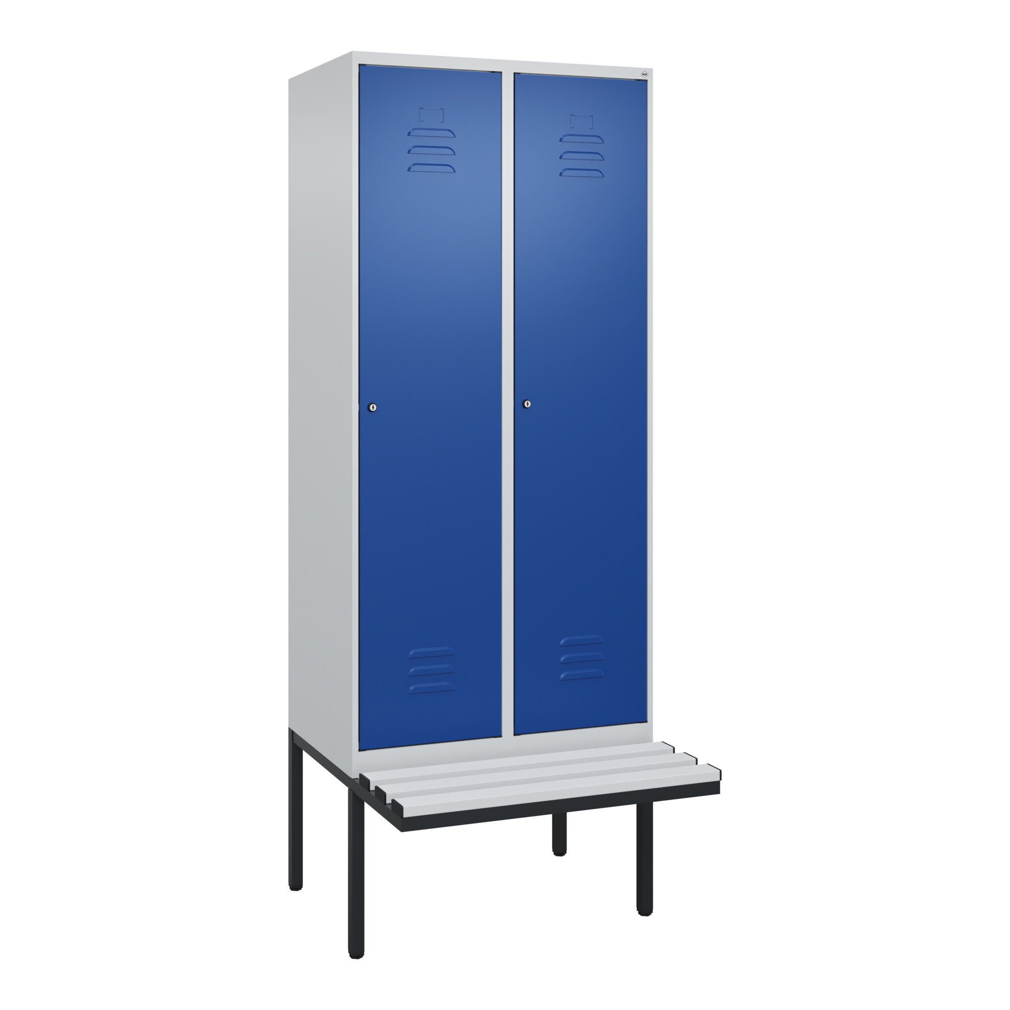 C+P Spind Classic PLUS, Bank, 2 Abteile, 2120x800x815mm, 7035/5010 Verschluss Zylinderschloss 4 Garderobenhaken Dekor Banklatten RAL 7035 Lichtgrau S