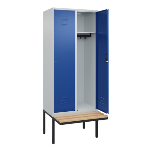 C+P Spind Classic PLUS, Bank, 2 Abteile, 2120x800x815mm, 7035/5010 Verschluss Zylinderschloss 4 Garderobenhaken   Sitzbanktyp auskragend