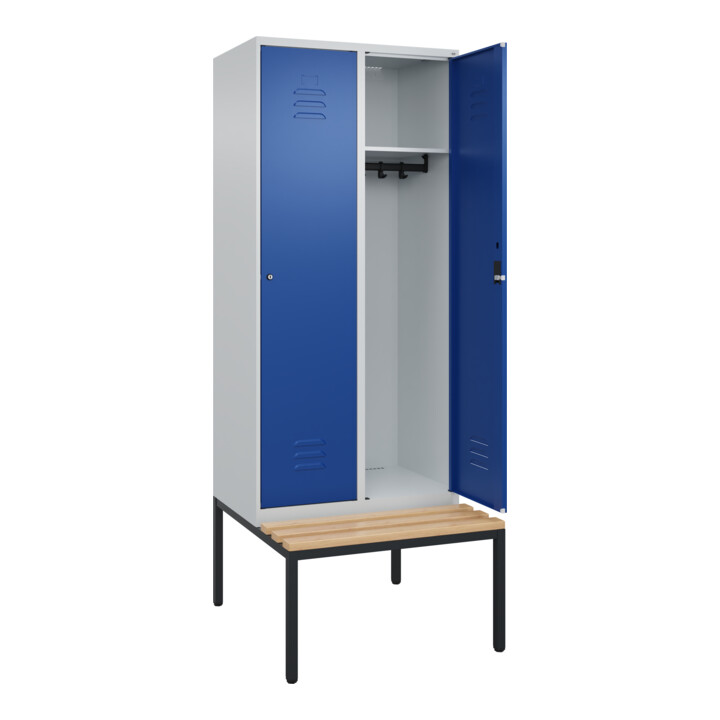 C+P Spind Classic PLUS, Bank, 2 Abteile, 2120x800x815mm, 7035/5010 Verschluss Zylinderschloss 4 Garderobenhaken   Sitzbanktyp untergebaut