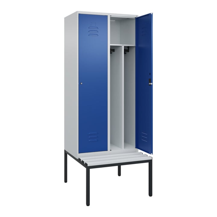 C+P Spind Classic PLUS, Bank, 2 Abteile, 2120x800x815mm, 7035/5010 Verschluss Zylinderschloss 4 Garderobenhaken Trennwand mittig Dekor Banklatten RAL 7035 Lichtgrau Sitzbanktyp untergebaut