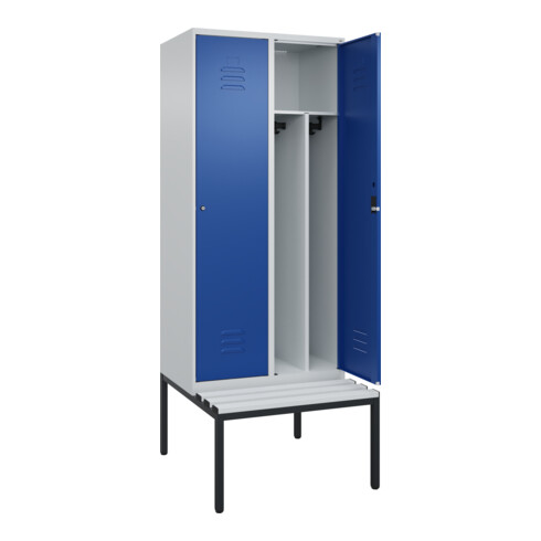 C+P Spind Classic PLUS, Bank, 2 Abteile, 2120x800x815mm, 7035/5010 Verschluss Zylinderschloss 4 Garderobenhaken Trennwand mittig Dekor Banklatten RAL 7035 Lichtgrau Sitzbanktyp untergebaut