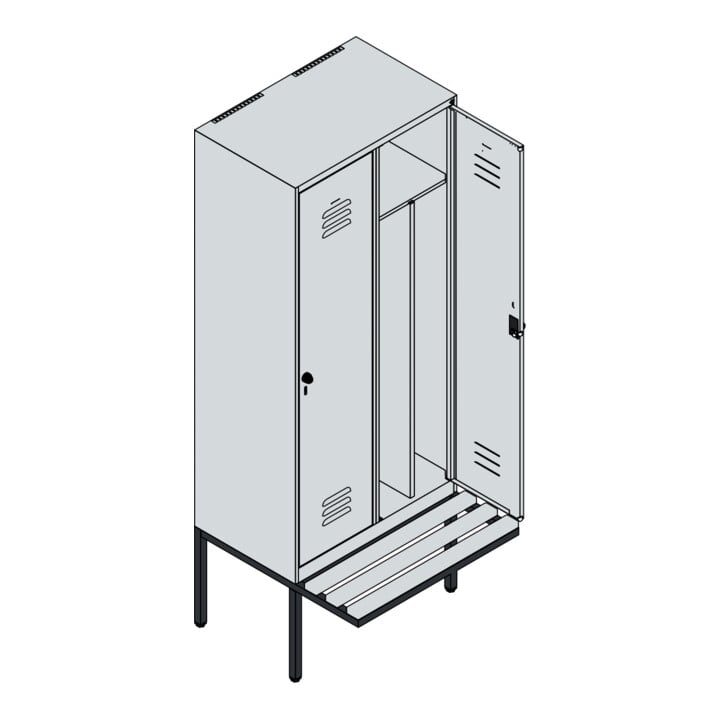 C+P Spind Classic PLUS, Bank, 2 Abteile, 2120x800x815mm, 7035/5010 Verschluss Zylinderschloss 4 Garderobenhaken Trennwand mittig  Sitzbanktyp auskragend
