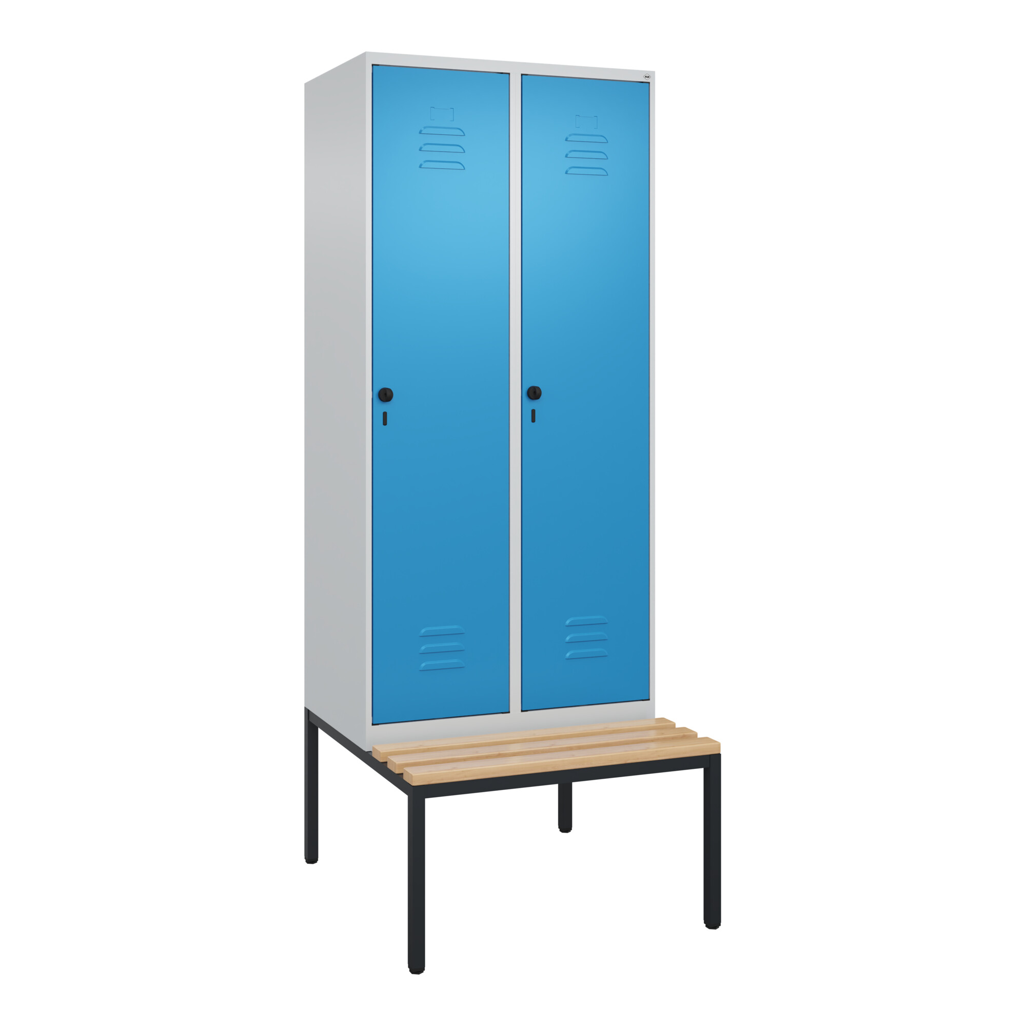 C+P Spind Classic PLUS, Bank, 2 Abteile, 2120x800x815mm, 7035/5012 Verschluss Sicherheits-Drehriegel 4 Garderobenhaken Trennwand mittig Sitzbanktyp u