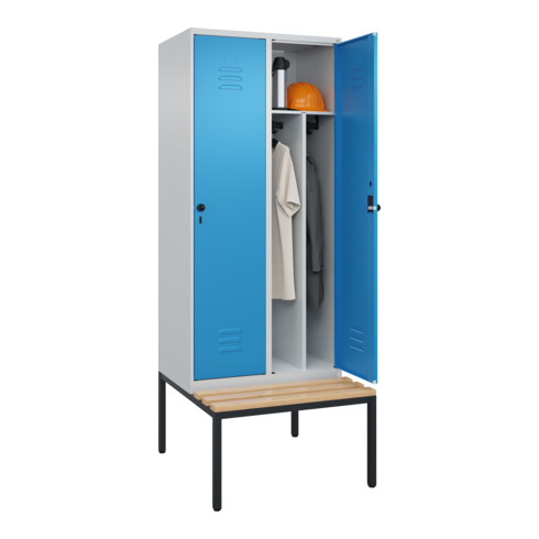 C+P Spind Classic PLUS, Bank, 2 Abteile, 2120x800x815mm, 7035/5012 Verschluss Sicherheits-Drehriegel 4 Garderobenhaken Trennwand mittig  Sitzbanktyp untergebaut