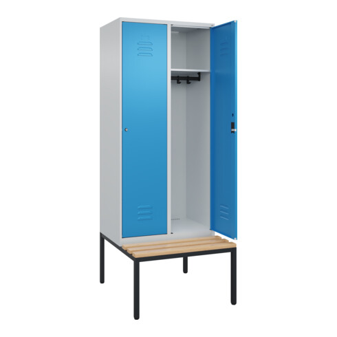 C+P Spind Classic PLUS, Bank, 2 Abteile, 2120x800x815mm, 7035/5012 Verschluss Zylinderschloss 4 Garderobenhaken   Sitzbanktyp untergebaut