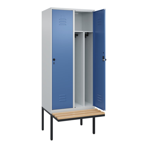 C+P Spind Classic PLUS, Bank, 2 Abteile, 2120x800x815mm, 7035/5023 Verschluss Sicherheits-Drehriegel 4 Garderobenhaken Trennwand mittig  Sitzbanktyp auskragend