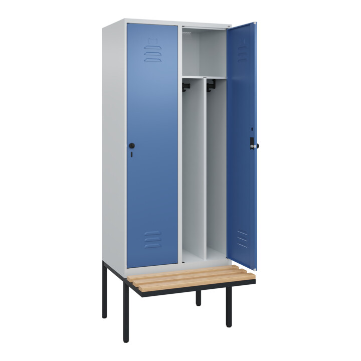 C+P Spind Classic PLUS, Bank, 2 Abteile, 2120x800x815mm, 7035/5023 Verschluss Sicherheits-Drehriegel 4 Garderobenhaken Trennwand mittig  Sitzbanktyp auskragend