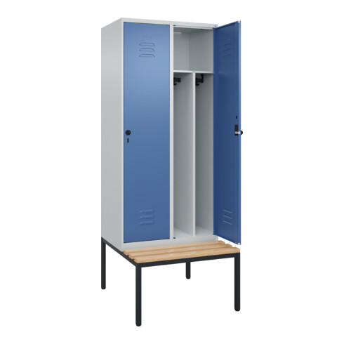 C+P Spind Classic PLUS, Bank, 2 Abteile, 2120x800x815mm, 7035/5023 Verschluss Sicherheits-Drehriegel 4 Garderobenhaken Trennwand mittig  Sitzbanktyp untergebaut