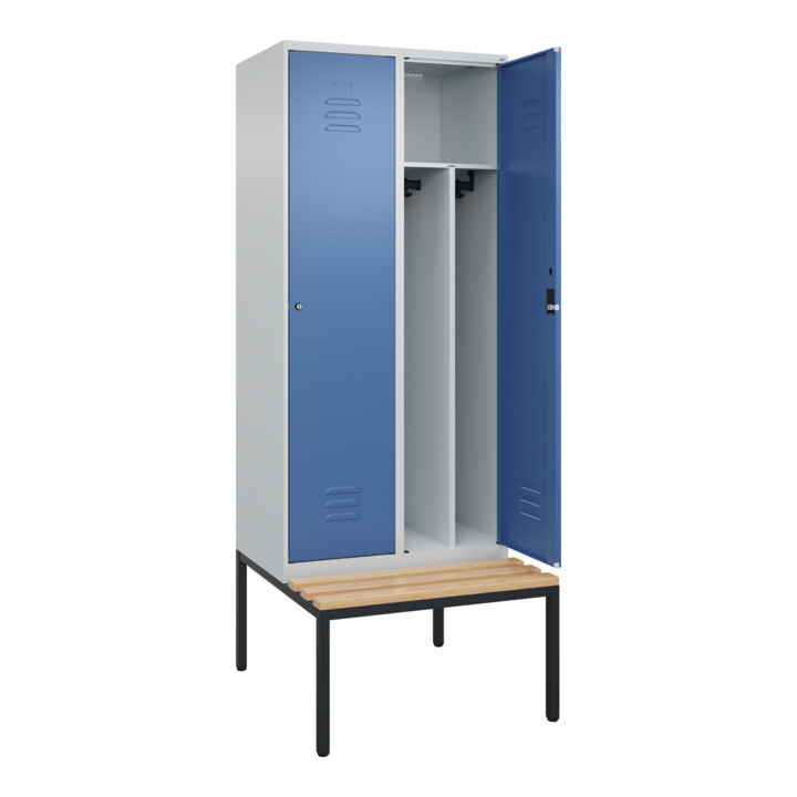 C+P Spind Classic PLUS, Bank, 2 Abteile, 2120x800x815mm, 7035/5023 Verschluss Zylinderschloss 4 Garderobenhaken Trennwand mittig  Sitzbanktyp untergebaut