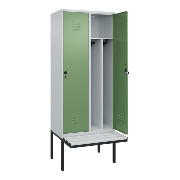C+P Spind Classic PLUS, Bank, 2 Abteile, 2120x800x815mm, 7035/6011 Verschluss Sicherheits-Drehriegel 4 Garderobenhaken Trennwand mittig Dekor Banklatten RAL 7035 Lichtgrau Sitzbanktyp auskragend