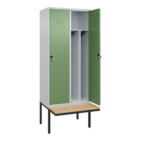 C+P Spind Classic PLUS, Bank, 2 Abteile, 2120x800x815mm, 7035/6011 Verschluss Sicherheits-Drehriegel 4 Garderobenhaken Trennwand mittig  Sitzbanktyp auskragend