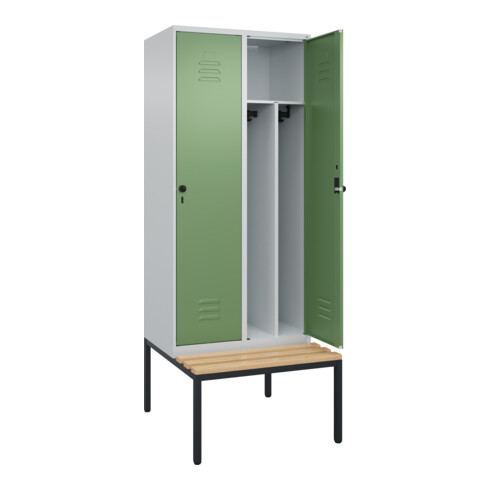 C+P Spind Classic PLUS, Bank, 2 Abteile, 2120x800x815mm, 7035/6011 Verschluss Sicherheits-Drehriegel 4 Garderobenhaken Trennwand mittig  Sitzbanktyp untergebaut