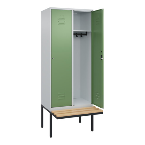 C+P Spind Classic PLUS, Bank, 2 Abteile, 2120x800x815mm, 7035/6011 Verschluss Zylinderschloss 4 Garderobenhaken   Sitzbanktyp auskragend