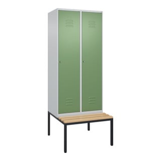 C+P Spind Classic PLUS, Bank, 2 Abteile, 2120x800x815mm, 7035/6011 Verschluss Zylinderschloss 4 Garderobenhaken   Sitzbanktyp untergebaut