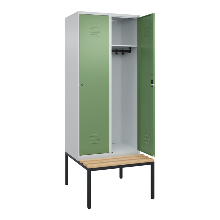 C+P Spind Classic PLUS, Bank, 2 Abteile, 2120x800x815mm, 7035/6011 Verschluss Zylinderschloss 4 Garderobenhaken   Sitzbanktyp untergebaut