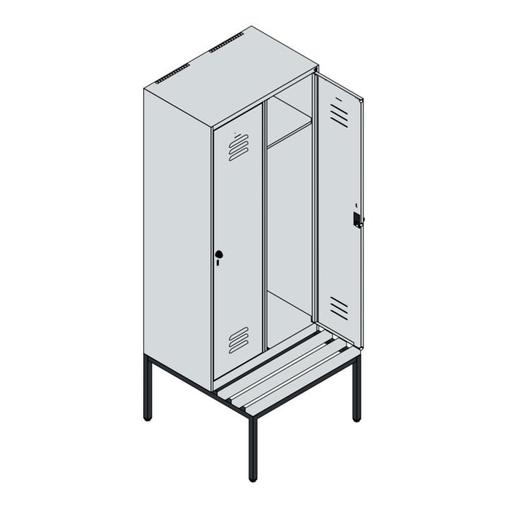 C+P Spind Classic PLUS, Bank, 2 Abteile, 2120x800x815mm, 7035/6011 Verschluss Zylinderschloss 4 Garderobenhaken   Sitzbanktyp untergebaut