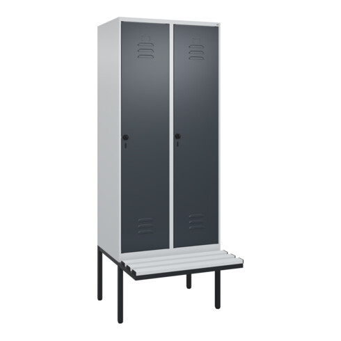 C+P Spind Classic PLUS, Bank, 2 Abteile, 2120x800x815mm, 7035/7016 Verschluss Sicherheits-Drehriegel 4 Garderobenhaken Trennwand mittig Dekor Banklatten RAL 7035 Lichtgrau Sitzbanktyp auskragend