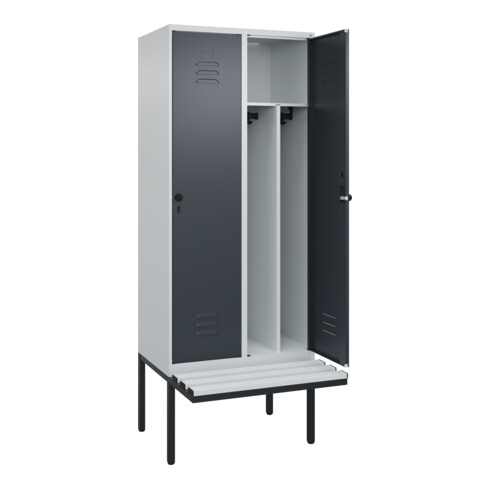 C+P Spind Classic PLUS, Bank, 2 Abteile, 2120x800x815mm, 7035/7016 Verschluss Sicherheits-Drehriegel 4 Garderobenhaken Trennwand mittig Dekor Banklatten RAL 7035 Lichtgrau Sitzbanktyp auskragend