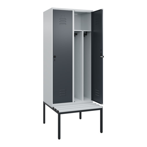 C+P Spind Classic PLUS, Bank, 2 Abteile, 2120x800x815mm, 7035/7016 Verschluss Sicherheits-Drehriegel 4 Garderobenhaken Trennwand mittig Dekor Banklatten RAL 7035 Lichtgrau Sitzbanktyp untergebaut