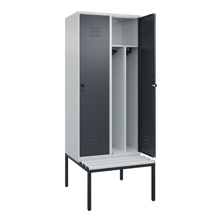 C+P Spind Classic PLUS, Bank, 2 Abteile, 2120x800x815mm, 7035/7016 Verschluss Sicherheits-Drehriegel 4 Garderobenhaken Trennwand mittig Dekor Banklatten RAL 7035 Lichtgrau Sitzbanktyp untergebaut