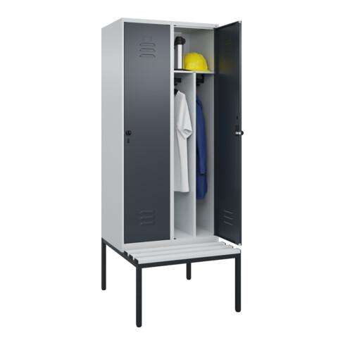 C+P Spind Classic PLUS, Bank, 2 Abteile, 2120x800x815mm, 7035/7016 Verschluss Sicherheits-Drehriegel 4 Garderobenhaken Trennwand mittig Dekor Banklatten RAL 7035 Lichtgrau Sitzbanktyp untergebaut