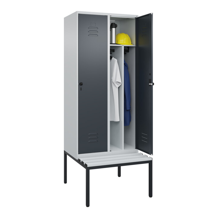 C+P Spind Classic PLUS, Bank, 2 Abteile, 2120x800x815mm, 7035/7016 Verschluss Sicherheits-Drehriegel 4 Garderobenhaken Trennwand mittig Dekor Banklatten RAL 7035 Lichtgrau Sitzbanktyp untergebaut