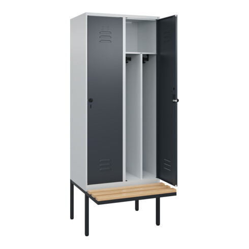 C+P Spind Classic PLUS, Bank, 2 Abteile, 2120x800x815mm, 7035/7016 Verschluss Sicherheits-Drehriegel 4 Garderobenhaken Trennwand mittig  Sitzbanktyp auskragend