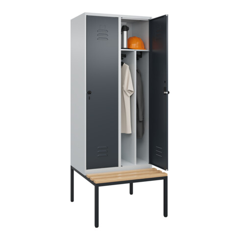 C+P Spind Classic PLUS, Bank, 2 Abteile, 2120x800x815mm, 7035/7016 Verschluss Sicherheits-Drehriegel 4 Garderobenhaken Trennwand mittig  Sitzbanktyp untergebaut