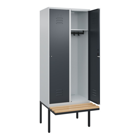 C+P Spind Classic PLUS, Bank, 2 Abteile, 2120x800x815mm, 7035/7016 Verschluss Zylinderschloss 4 Garderobenhaken   Sitzbanktyp auskragend
