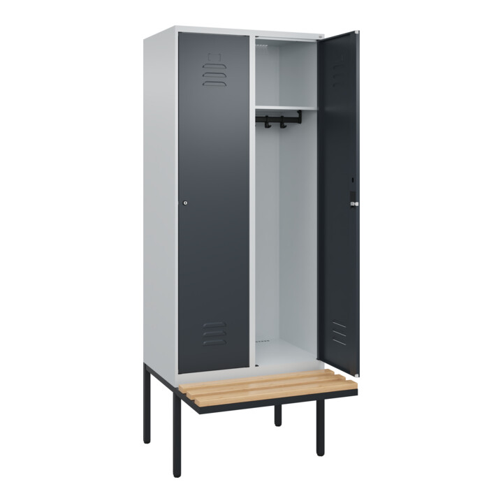 C+P Spind Classic PLUS, Bank, 2 Abteile, 2120x800x815mm, 7035/7016 Verschluss Zylinderschloss 4 Garderobenhaken   Sitzbanktyp auskragend