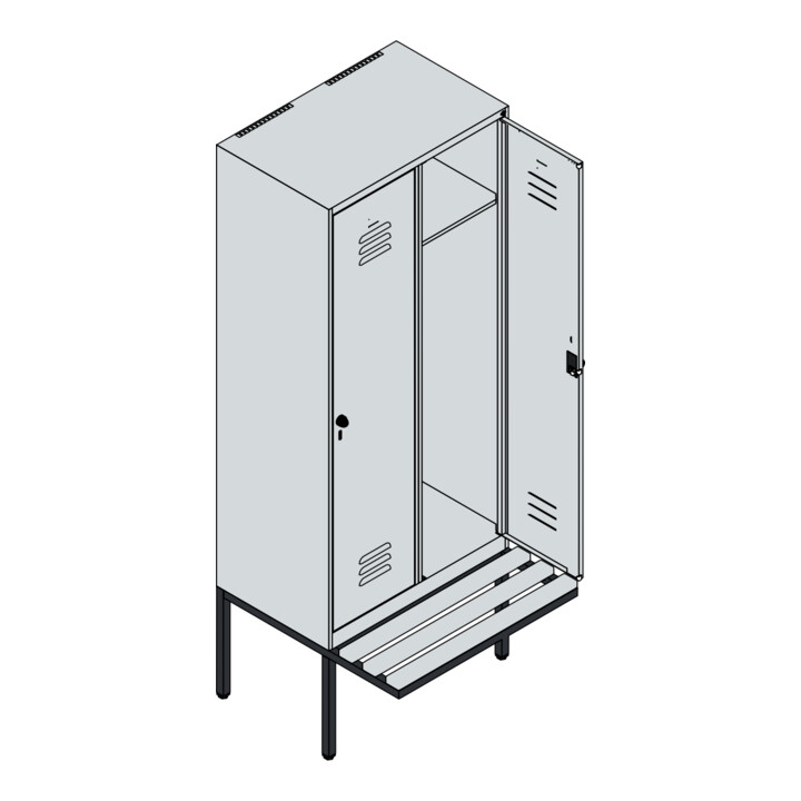 C+P Spind Classic PLUS, Bank, 2 Abteile, 2120x800x815mm, 7035/7016 Verschluss Zylinderschloss 4 Garderobenhaken   Sitzbanktyp auskragend