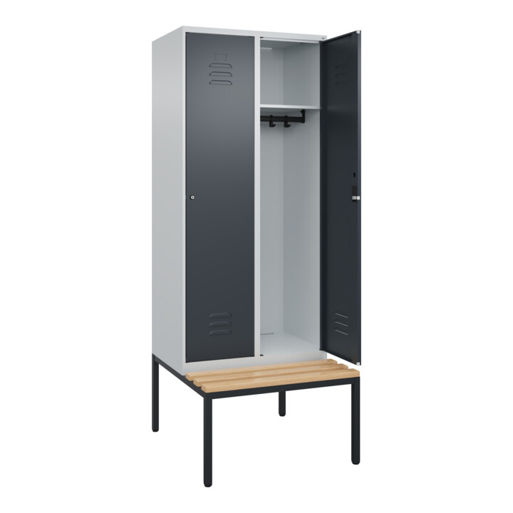C+P Spind Classic PLUS, Bank, 2 Abteile, 2120x800x815mm, 7035/7016 Verschluss Zylinderschloss 4 Garderobenhaken   Sitzbanktyp untergebaut