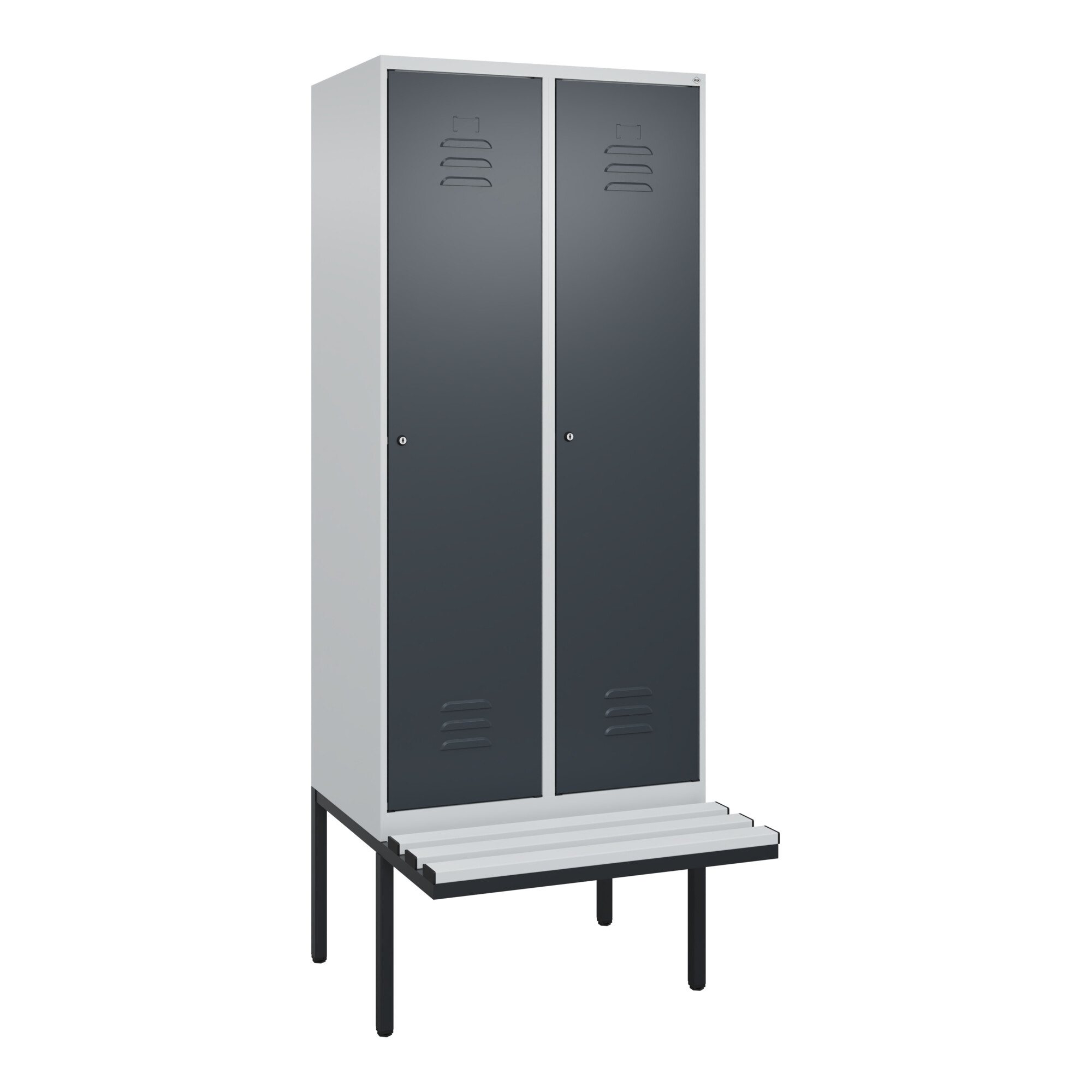 C+P Spind Classic PLUS, Bank, 2 Abteile, 2120x800x815mm, 7035/7016 Verschluss Zylinderschloss 4 Garderobenhaken Trennwand mittig Dekor Banklatten RAL
