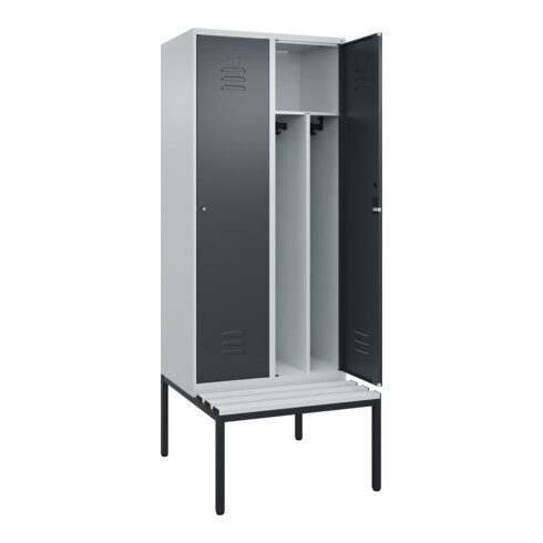 C+P Spind Classic PLUS, Bank, 2 Abteile, 2120x800x815mm, 7035/7016 Verschluss Zylinderschloss 4 Garderobenhaken Trennwand mittig Dekor Banklatten RAL 7035 Lichtgrau Sitzbanktyp untergebaut