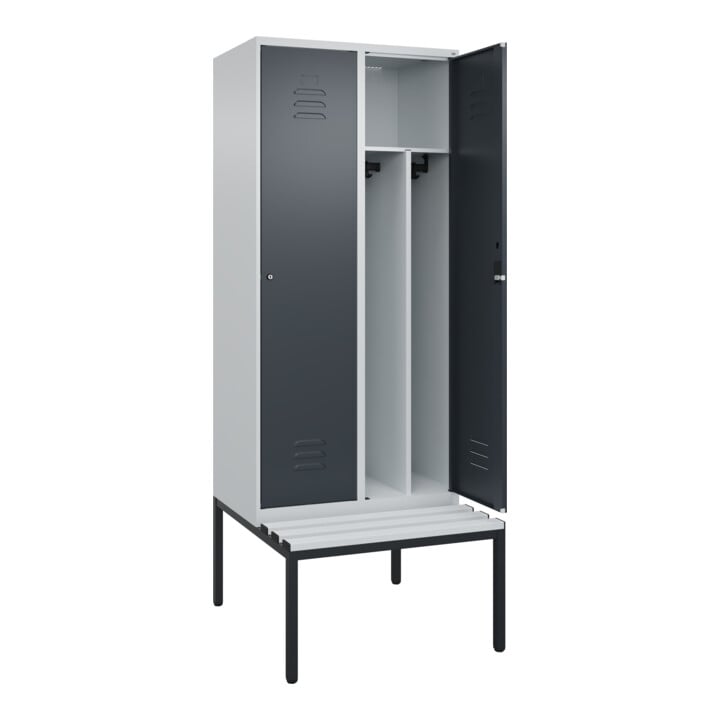 C+P Spind Classic PLUS, Bank, 2 Abteile, 2120x800x815mm, 7035/7016 Verschluss Zylinderschloss 4 Garderobenhaken Trennwand mittig Dekor Banklatten RAL 7035 Lichtgrau Sitzbanktyp untergebaut