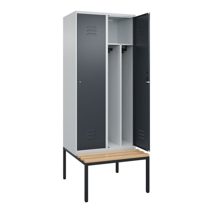 C+P Spind Classic PLUS, Bank, 2 Abteile, 2120x800x815mm, 7035/7016 Verschluss Zylinderschloss 4 Garderobenhaken Trennwand mittig  Sitzbanktyp untergebaut